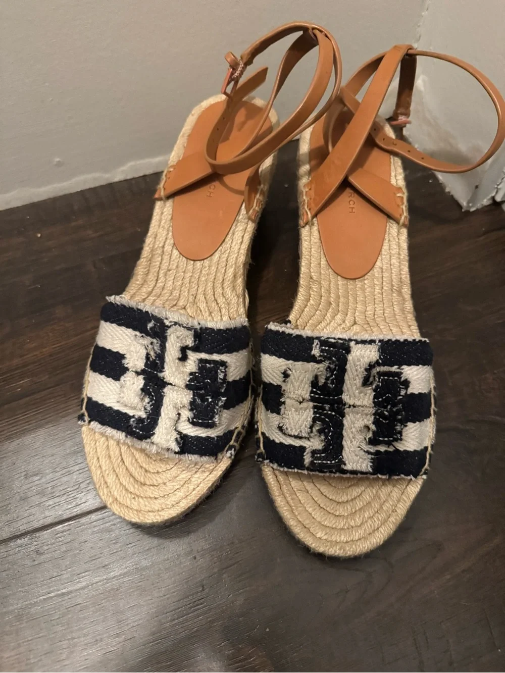 Tory Burch Navy & Tan Striped Logo Espadrille Sandals